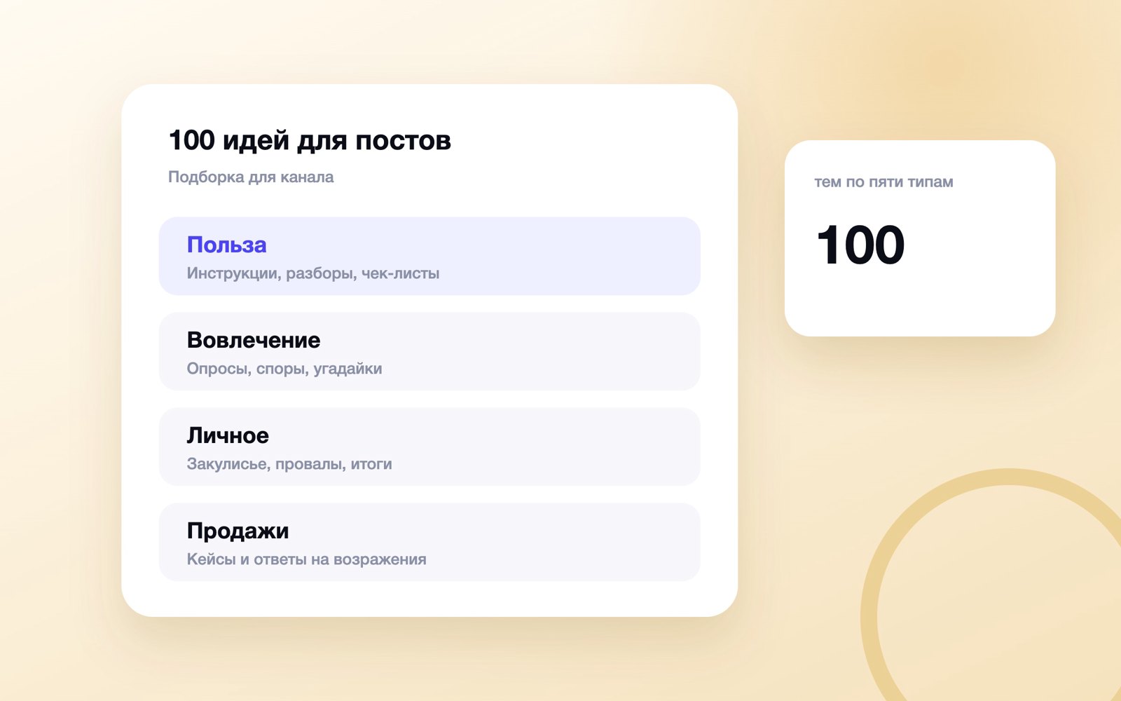 Обложка: 100 идей для постов в канал по пяти типам