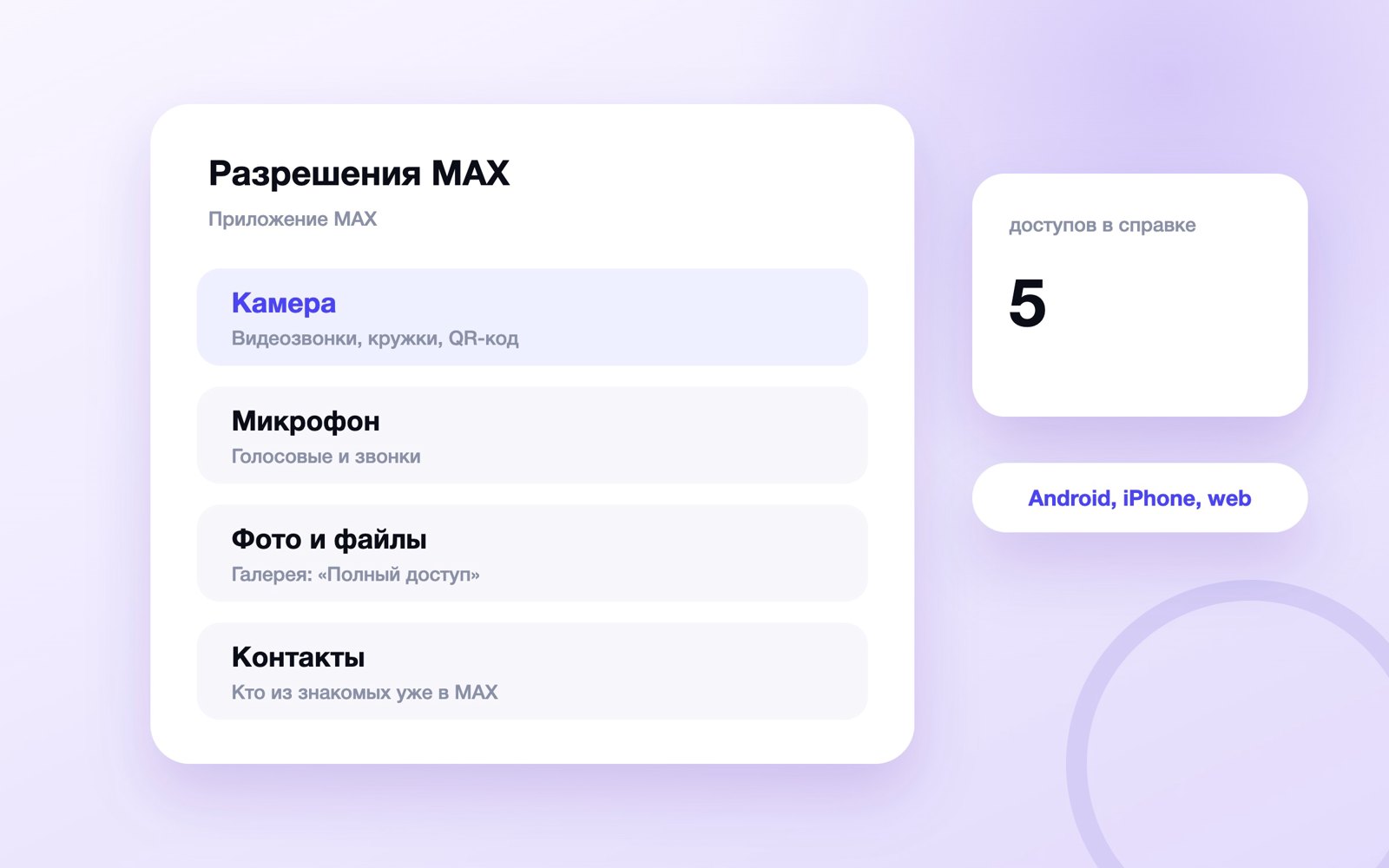 Разрешения MAX: камера, микрофон, фото и контакты