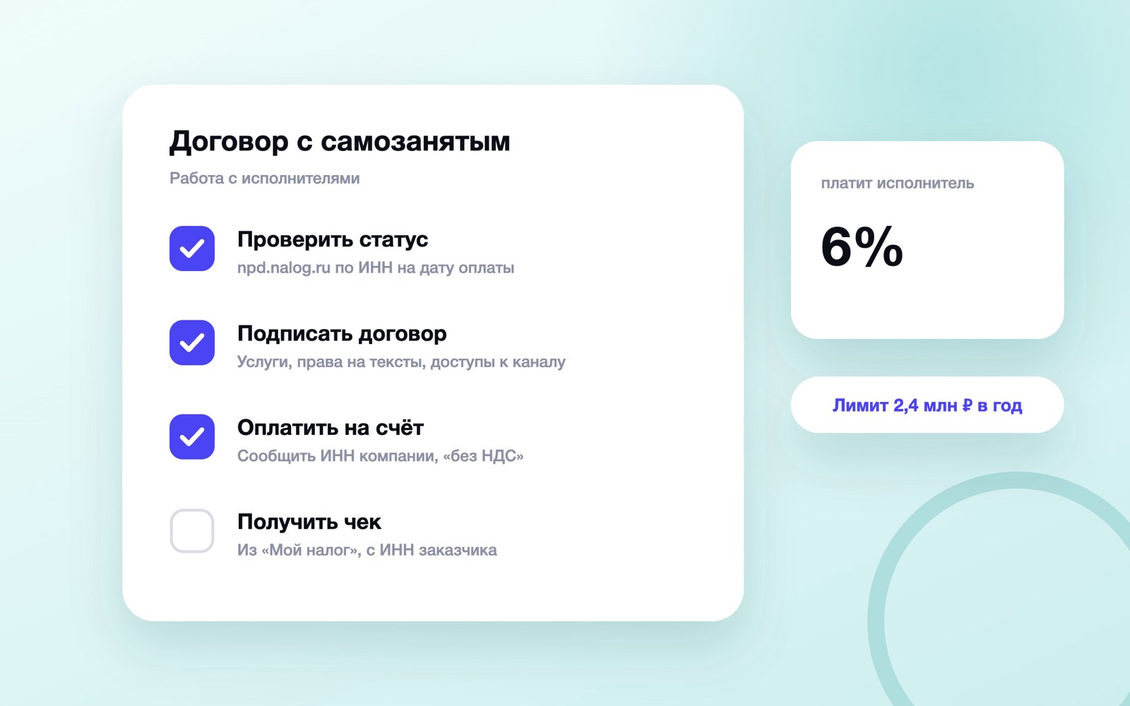 Шаги договора и оплаты самозанятому