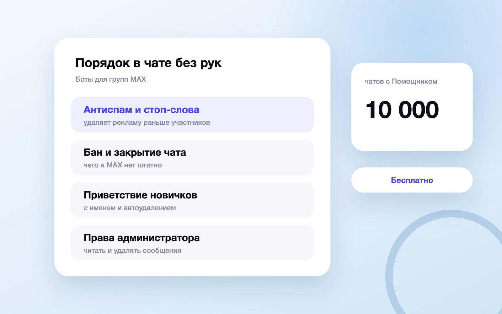 Боты для групп MAX: антиспам, бан, приветствие, права
