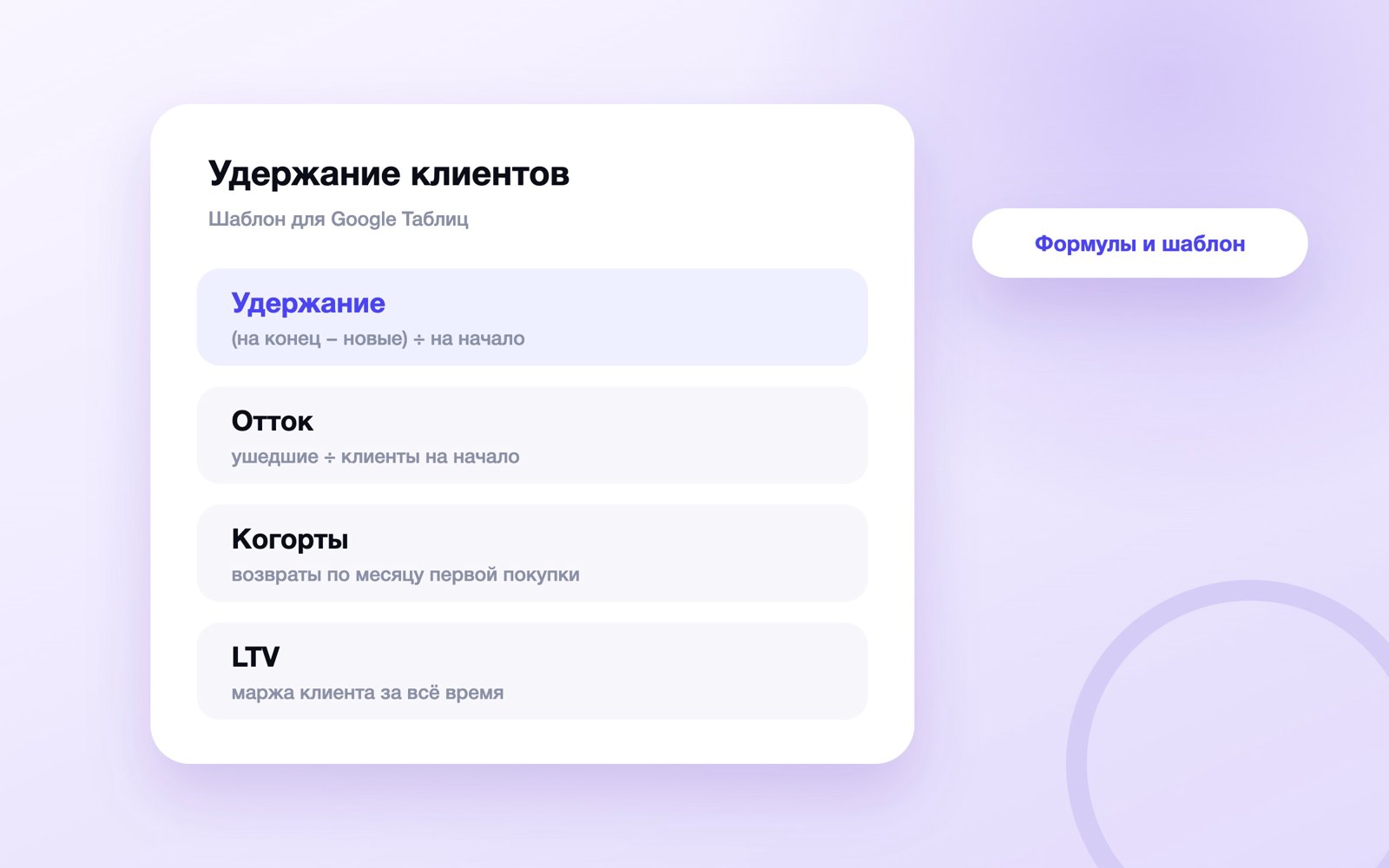 Шаблон расчёта удержания клиентов, оттока и LTV